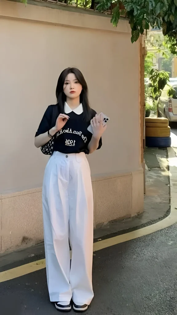 Woman wearing a black t-shirt with a white contrast collar and graphic text, tucked into white wide-leg trousers, wearing black sandals outdoors