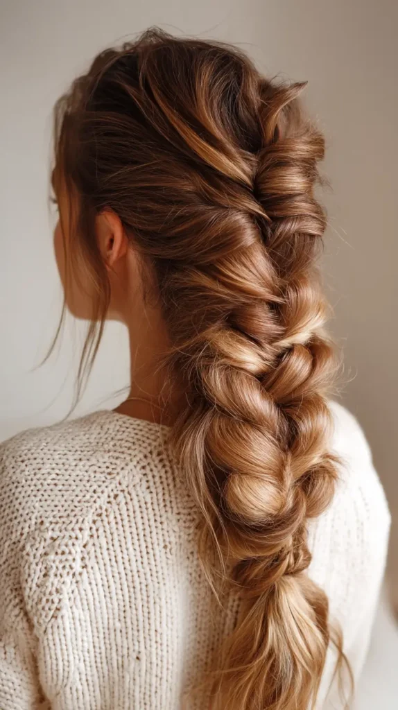 Back view of long highlighted hair styled in a very thick, voluminous, and textured pull-through braid.
