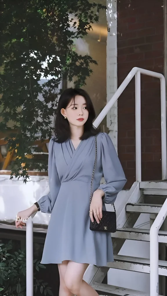 Woman wearing a dusty blue long-sleeve wrap mini dress, carrying a black quilted crossbody bag outdoors on stairs