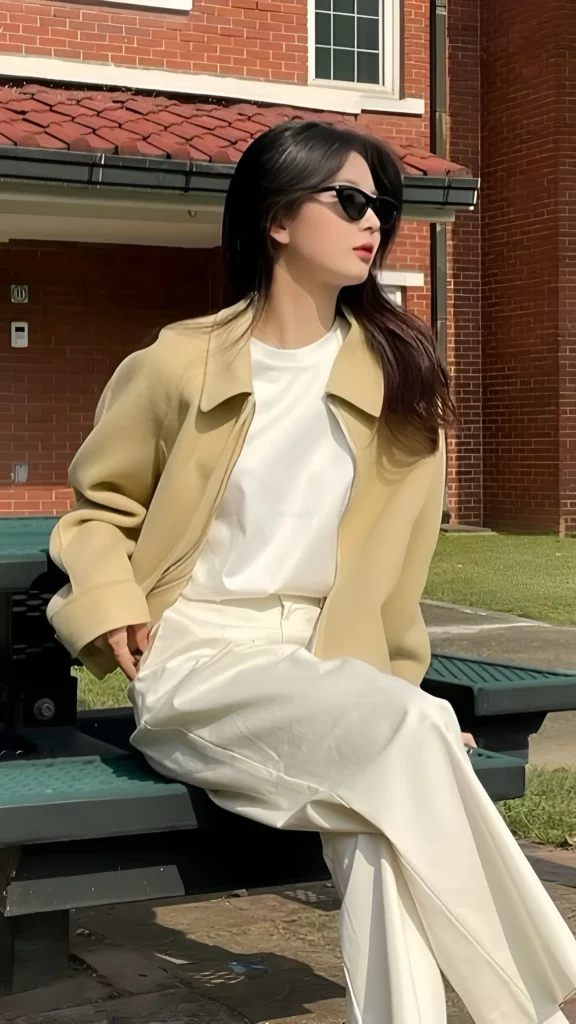 Woman wearing a beige zip-up collared jacket over a white t-shirt with cream wide-leg trousers and sunglasses, sitting on a bench outdoors