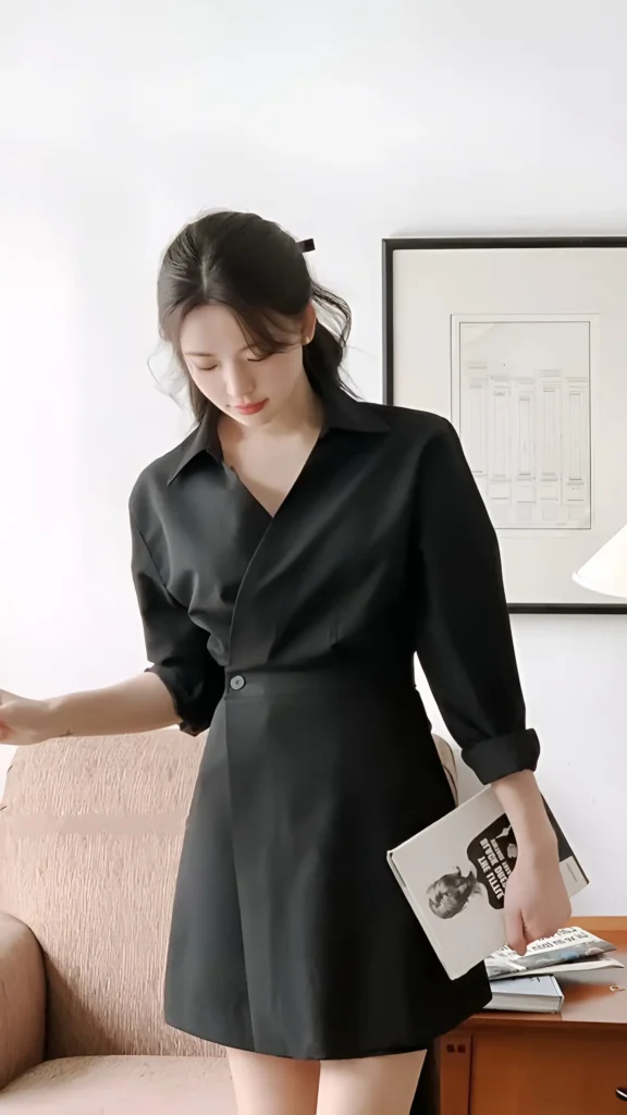 Woman wearing a black collared wrap-style shirt dress with rolled three-quarter sleeves, holding a book indoors