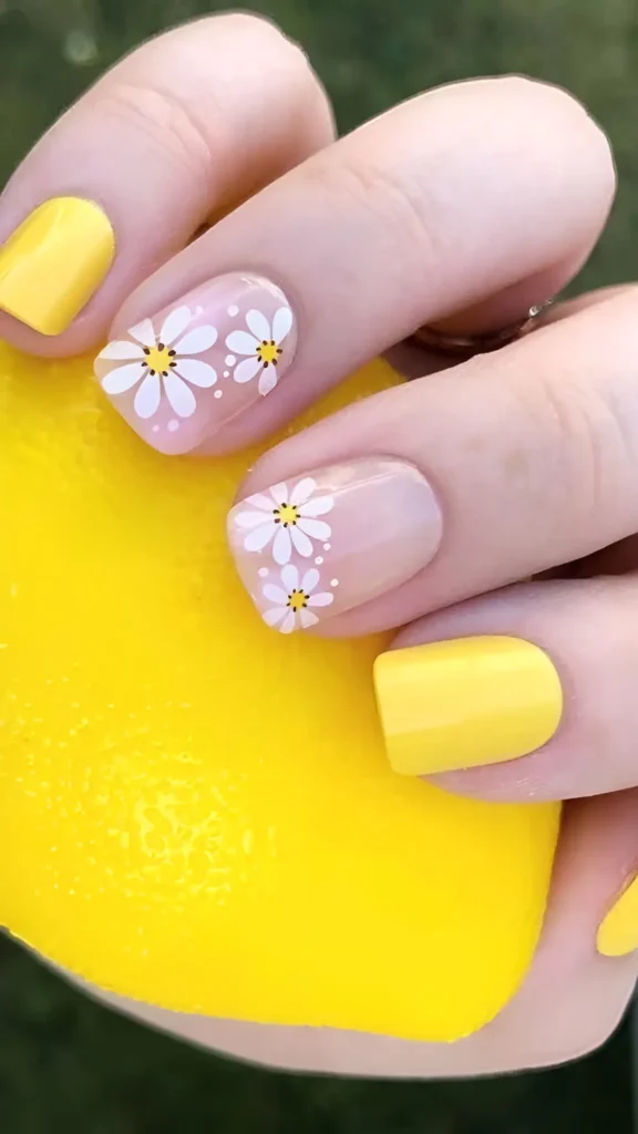 Short square nails resting on a lemon, featuring a mix of solid bright yellow nails and sheer nails decorated with small clusters of white daisies with yellow centers.