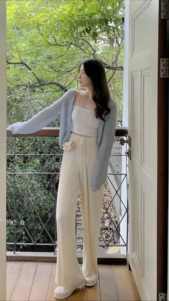 Woman wearing a light blue fuzzy cardigan over a white camisole with cream pleated wide-leg trousers and white platform shoes on a balcony