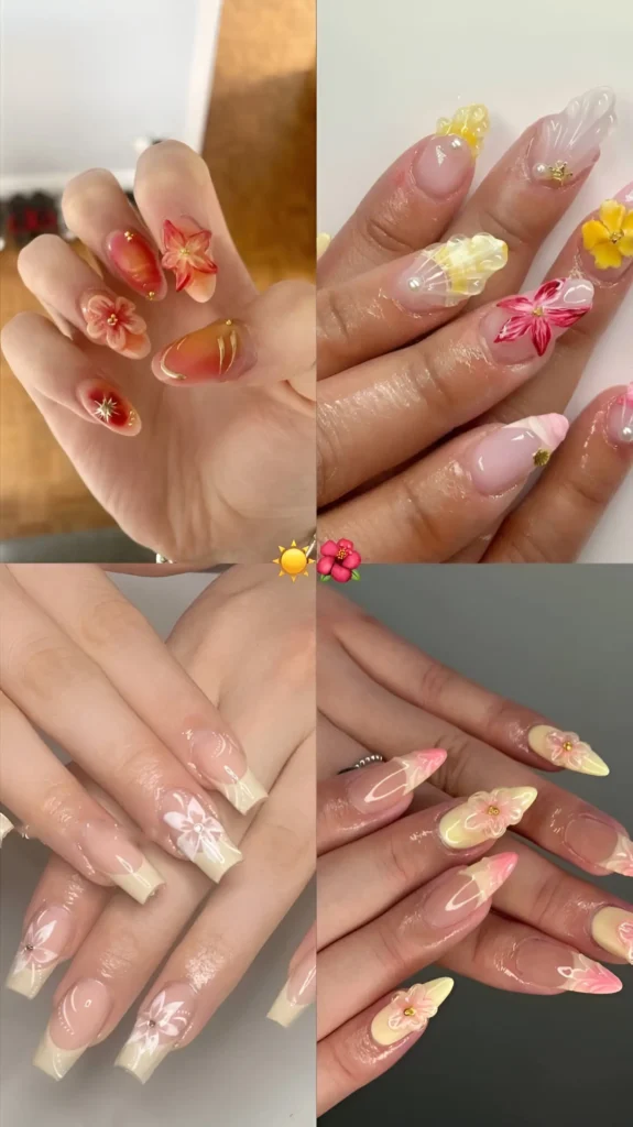 Almond summer nails with iridescent pastel base, subtle pale floral shapes, and gold stud centers.