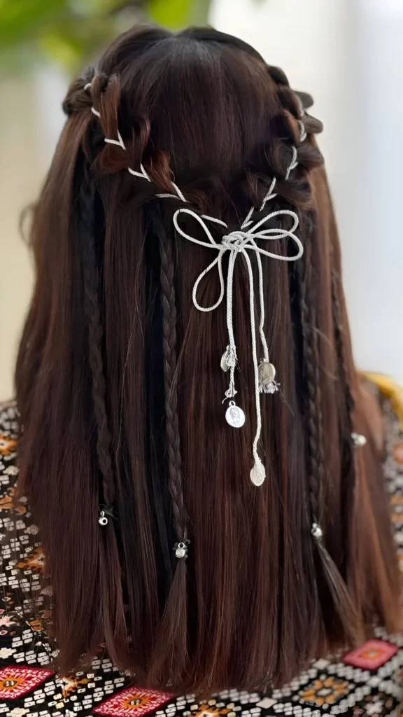 Boho braided hairstyles for long hair: back view shows dark hair with headband braid, scattered thin braids & white cord charm tie.