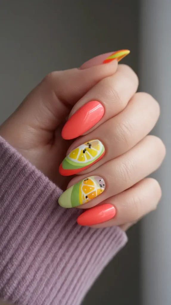Almond nails featuring solid coral polish mixed with accent nails showing detailed paintings of yellow citrus fruit slices (lemon/orange) against a light green background.
