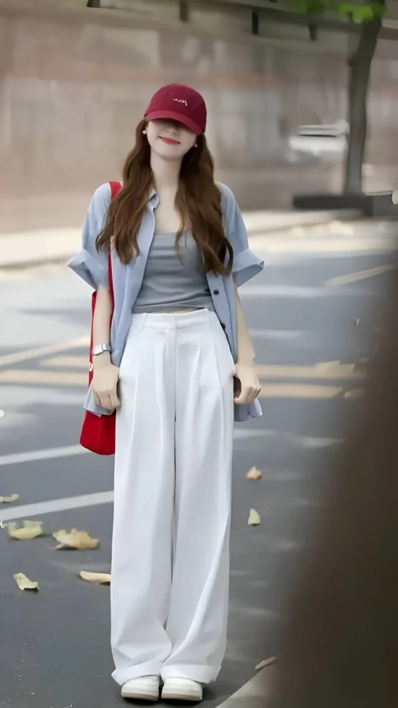 Woman wearing an open light blue short-sleeve shirt over a grey tank top with white wide-leg trousers, a red baseball cap, red bag, and white sneakers outdoors