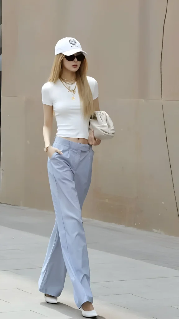 Woman wearing a white t-shirt, light blue trousers, a white baseball cap, sunglasses, layered gold necklaces, white pointed flats, carrying a white clutch outdoors