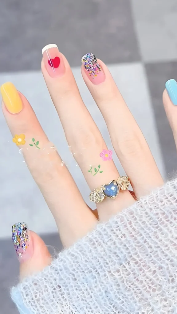 Short square nails with a pastel mix: solid yellow, solid blue, sheer nail with a red heart and white tip, and sheer nails covered in colourful microbeads/glitter.