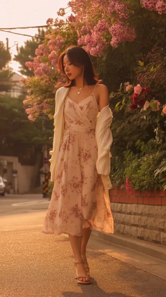 Woman wearing a pink floral print spaghetti strap midi wrap dress with a cream knit cardigan draped over her shoulders, wearing heeled sandals outdoors during golden hour