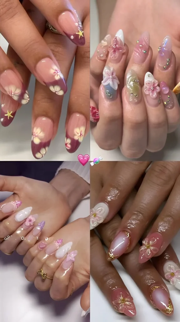 Almond summer nails with sheer base, deep mauve angled French tips, white and yellow flower art, and gold stars.