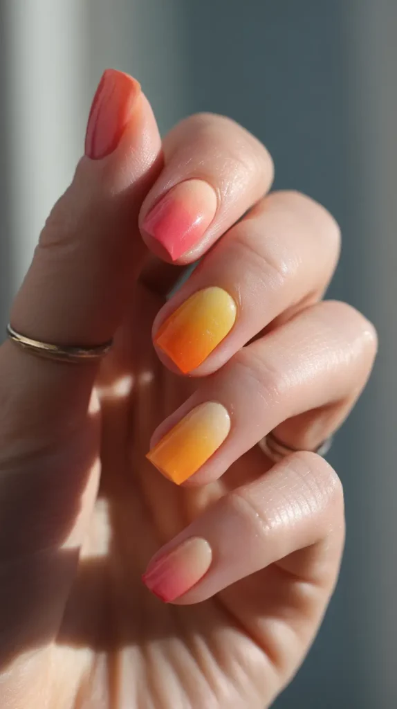 Short square nails with a smooth gradient effect on each nail, blending from pink/coral through orange to yellow, resembling a sunset.
