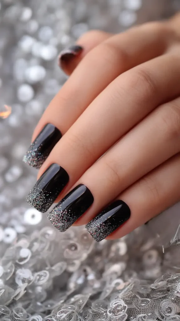 Square nails with a glossy black base featuring a silver glitter gradient fading from the tips.