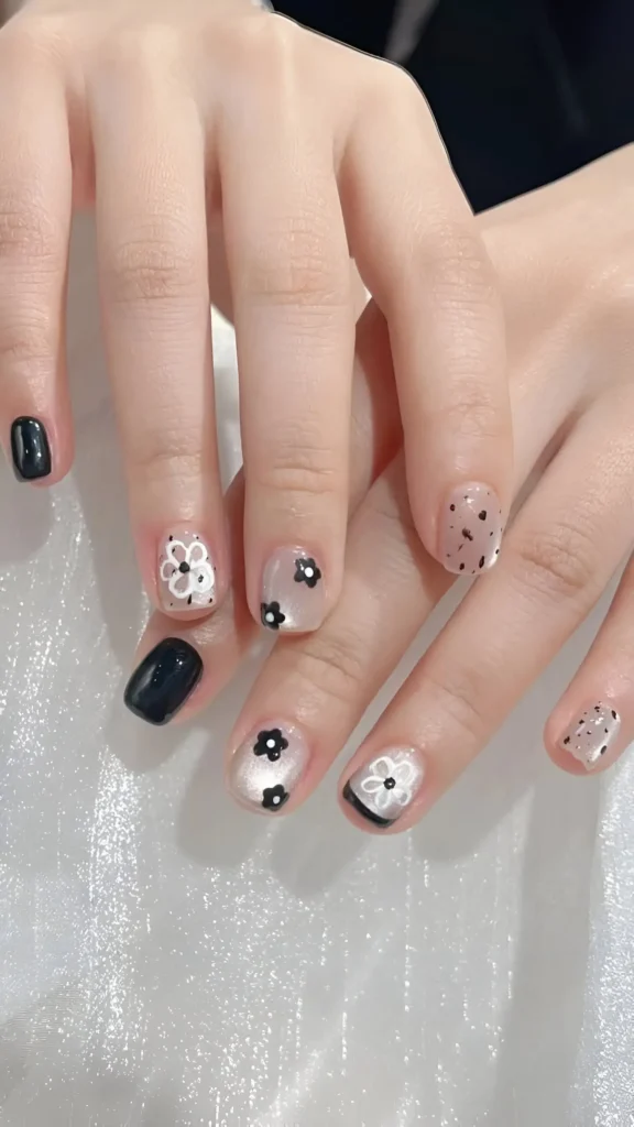 Short nails featuring a mixed manicure with black and white daisy flowers, black speckles on a sheer base, and a solid black accent nail.