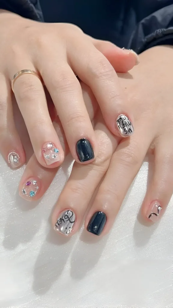 Short square nails with a mixed manicure including solid dark polish, colorful rhinestones, silver nails with black script, and 3D accents.