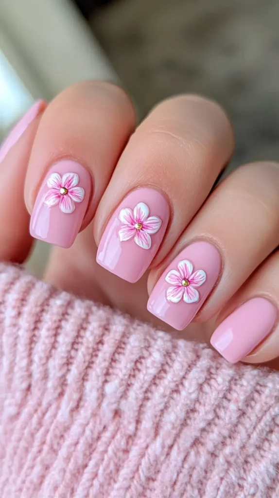 Cute Pink Nail Designs: Bubblegum pink nails accented with a 3D white & pink flower with a gold center.