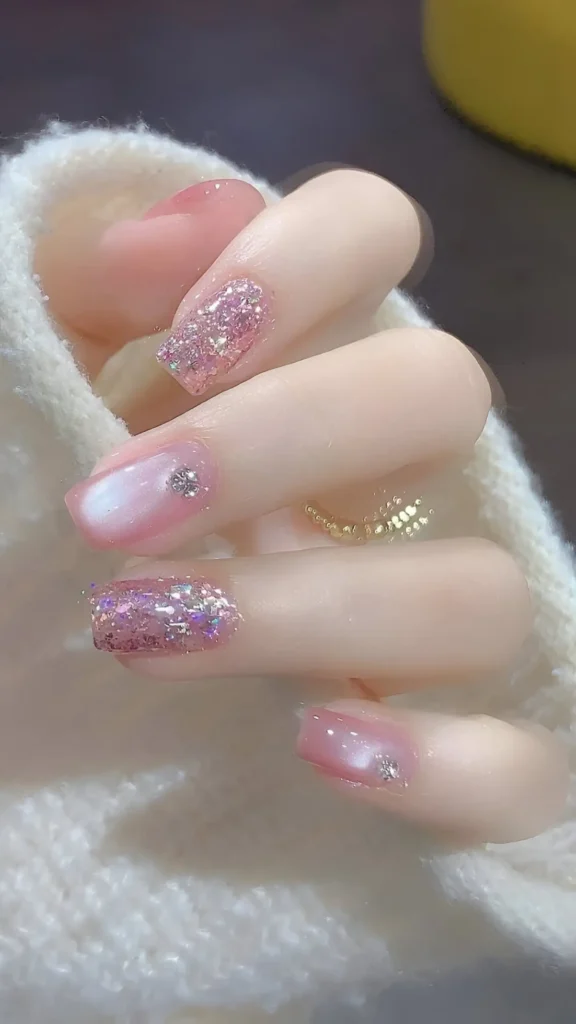 Cute pink nail design mixing chunky pink glitter nails with pink and white marble nails with rhinestones.