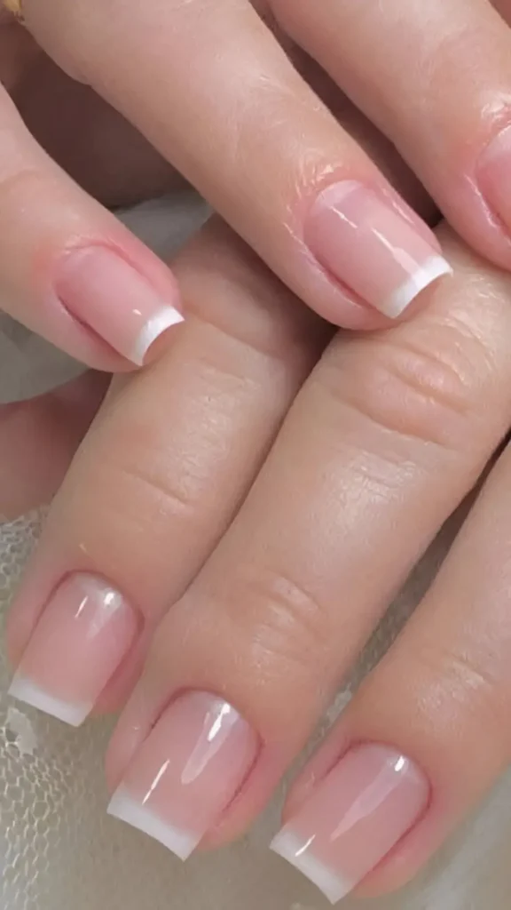 Classic French manicure nail design with sheer pink base and white tips on short square nails.