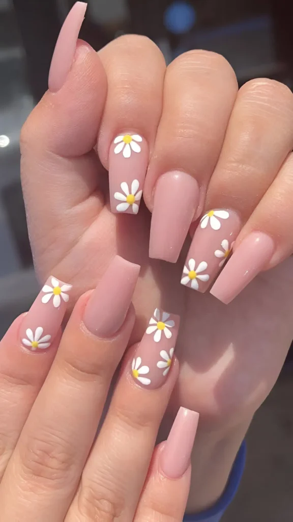 Cute dusty rose pink nail design with scattered white daisy flower accents on long square nails.