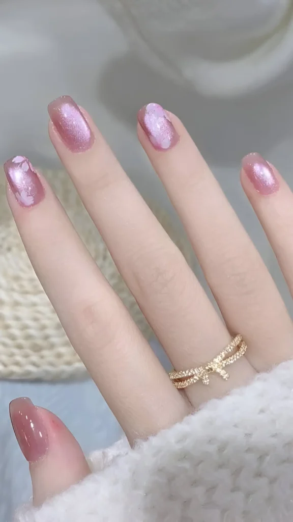 Cute mauve pink nail design with abstract white and silver metallic textured patches.