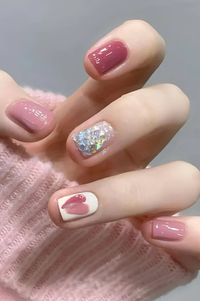 Cute mauve pink and white nail design with chunky silver glitter accent and abstract pink heart.