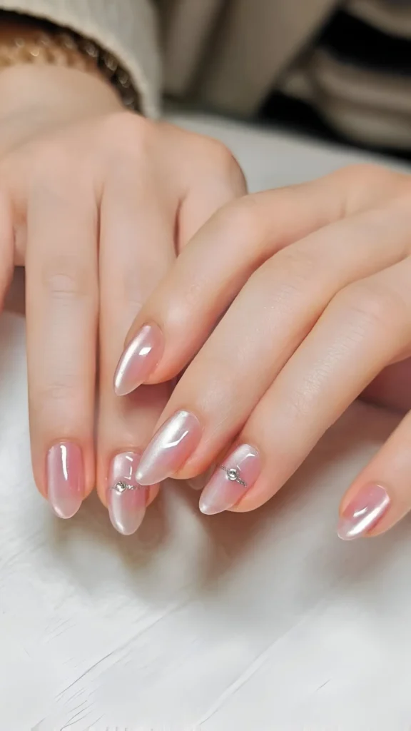 Cute pearlescent pink glazed donut nail design with minimalist rhinestone accents.