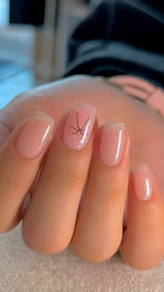 Cute sheer shimmery pink nail design with minimalist dark line art bow outline accent.