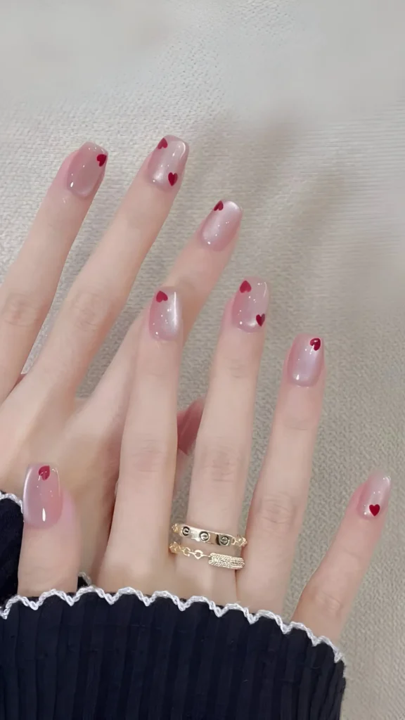 Cute minimalist nail design with shimmery sheer pink base and tiny scattered red hearts.