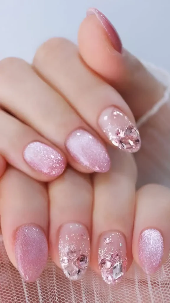Cute Pink Nail Designs: Shimmery pink nails paired with chunky glitter & rhinestone gradient tips.