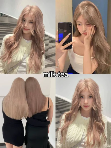 Collage showing long wavy and straight hair in a soft, creamy milk tea beige-brown color, a popular neutral 2025 hair trend, seen on individuals who may be of East Asian descent.
