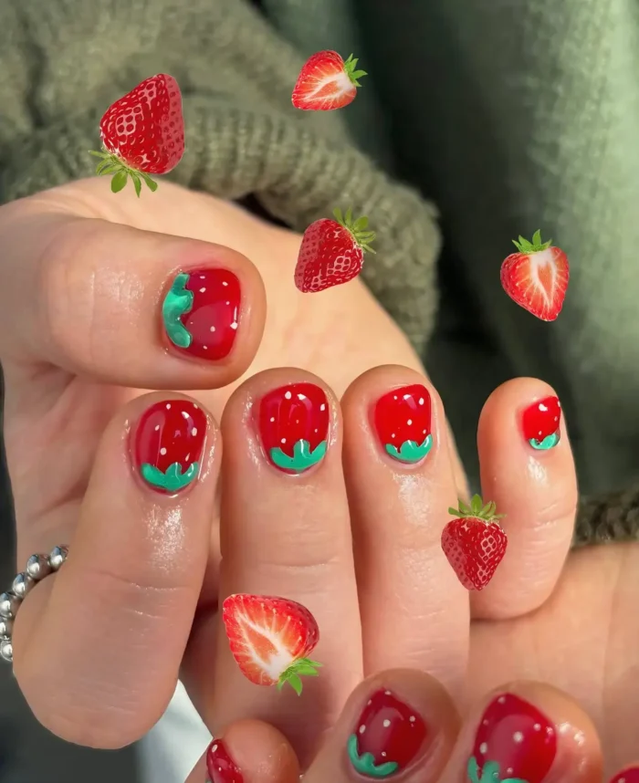 Very short square nails painted to look like strawberries with a bright red base and green leafy detail near the cuticles.