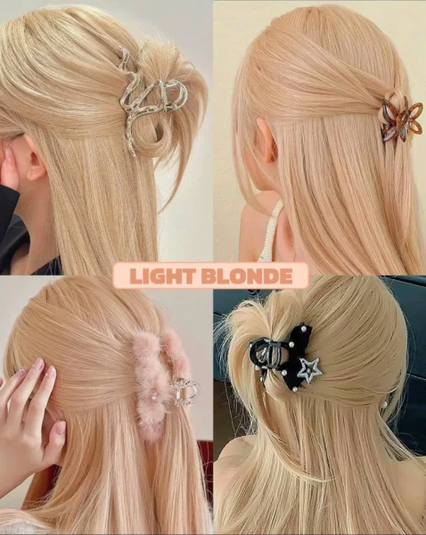 Back view collage of long, light golden blonde hair styled half-up with various decorative clips, showing a warm blonde 2025 hair color.