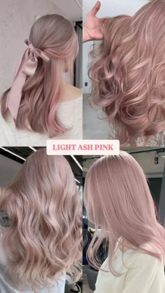 Collage showing long wavy light ash pink hair, including a half-up style with ribbon, illustrating a muted pink 2025 hair trend.