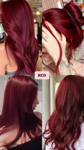 Collage showing different hairstyles in a deep, vibrant cherry red color, a bold red hair trend for 2025.