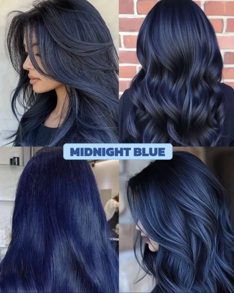 Collage showing long dark hair with deep midnight blue undertones, both wavy and straight styles, a subtle 2025 hair color trend.