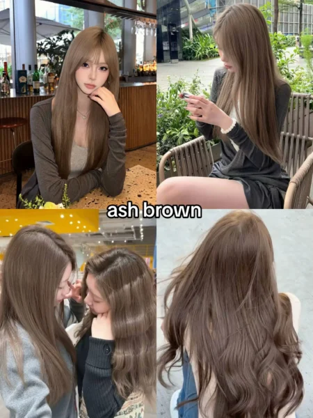 Collage of women, potentially of East Asian descent, with long ash brown hair, styled straight and wavy, showing a cool brunette 2025 hair trend.