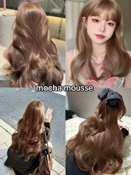Collage of long, wavy mocha mousse brown hair, possibly on women of East Asian descent, showcasing a rich, glossy brunette 2025 hair color trend.