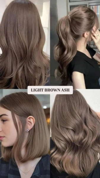 Collage showing light ash brown hair in wavy, ponytail, and lob styles, possibly on women of Caucasian or East Asian descent, a cool light brunette 2025 hair color trend.