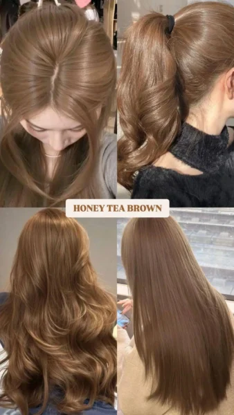 Collage of long honey tea brown hair styled straight and wavy, potentially on women of East Asian descent, showing a warm, golden-brown 2025 hair color trend.