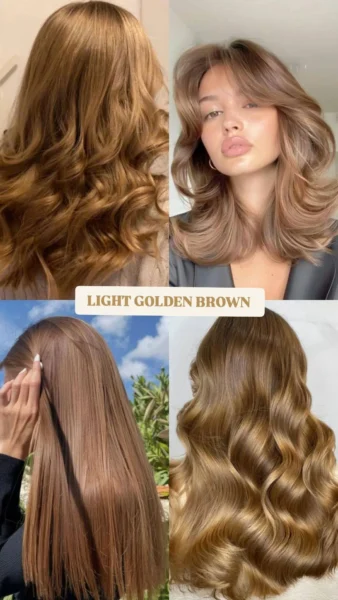 Collage of women, potentially of Caucasian or mixed ethnicity, with medium-to-long light golden brown hair, styled straight and wavy blowout, a warm 2025 brunette trend.