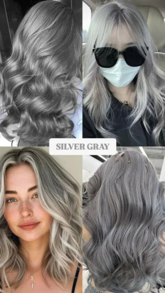 Collage of medium-length wavy silver gray hair, seen on women who appear Caucasian, showcasing a metallic cool-toned 2025 hair color trend.