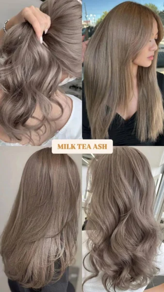 Collage of long hair in milk tea ash, a cool beige-brown shade, styled straight and wavy for a 2025 hair trend, potentially on women of East Asian descent.
