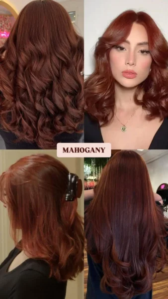 Collage of medium-length wavy mahogany hair, possibly on women of Caucasian or Latina descent, a rich reddish-brown color trend for 2025.