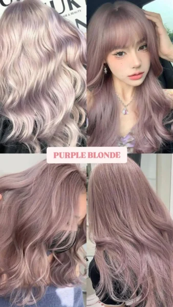 Collage of wavy purple blonde hair, a blend of lilac-rose tones on a light base, potentially on women of East Asian descent, a unique 2025 hair color trend.