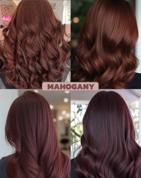Collage showing wavy deep mahogany hair, highlighting reddish-brown with cooler hints, a complex 2025 color trend.
