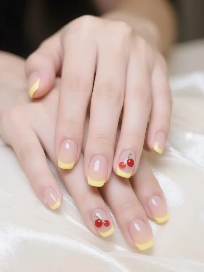 Short squoval nails with pastel yellow French tips on a sheer base, featuring cute red cherry designs on accent nails.