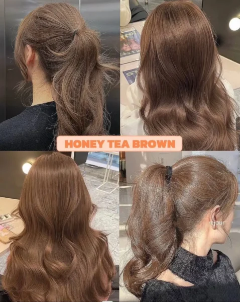 Collage showing glossy honey tea brown hair in different styles, possibly on women of East Asian descent, a warm medium brunette 2025 color trend.