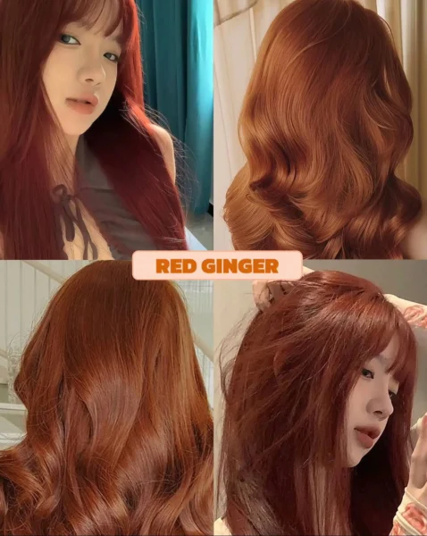 Collage of women, potentially of East Asian descent, with medium-long wavy red ginger hair, a vibrant orange-red 2025 color trend.