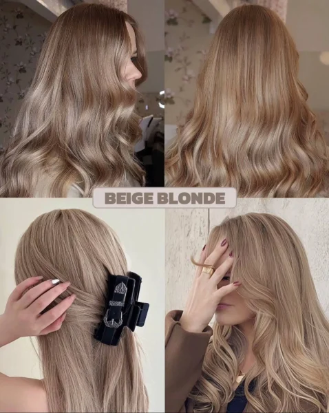 Collage of women, possibly of Caucasian descent, with long beige blonde hair styled wavy and straight, a sophisticated neutral blonde 2025 trend.