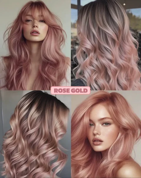 Collage of wavy rose gold hair showing variations of the pink-gold blend, potentially on women of Caucasian descent, a popular warm 2025 hair color trend.